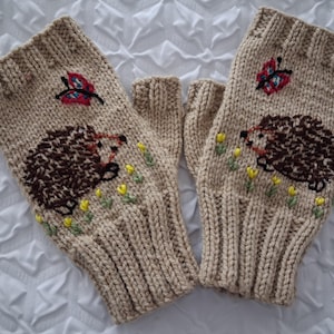 Terracotta Colour Gloves With Embroidered Hedgehog And Butterfly