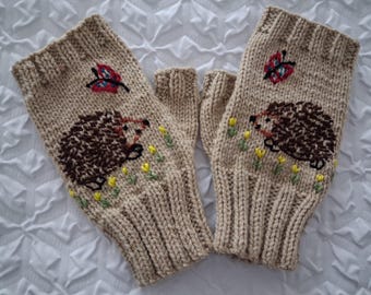 Terracotta Colour Gloves With Embroidered Hedgehog And Butterfly