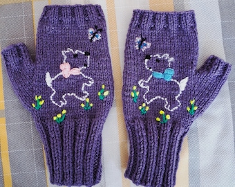 Hand Knitted And Embroidered Purple Fingerless Gloves With Dogs