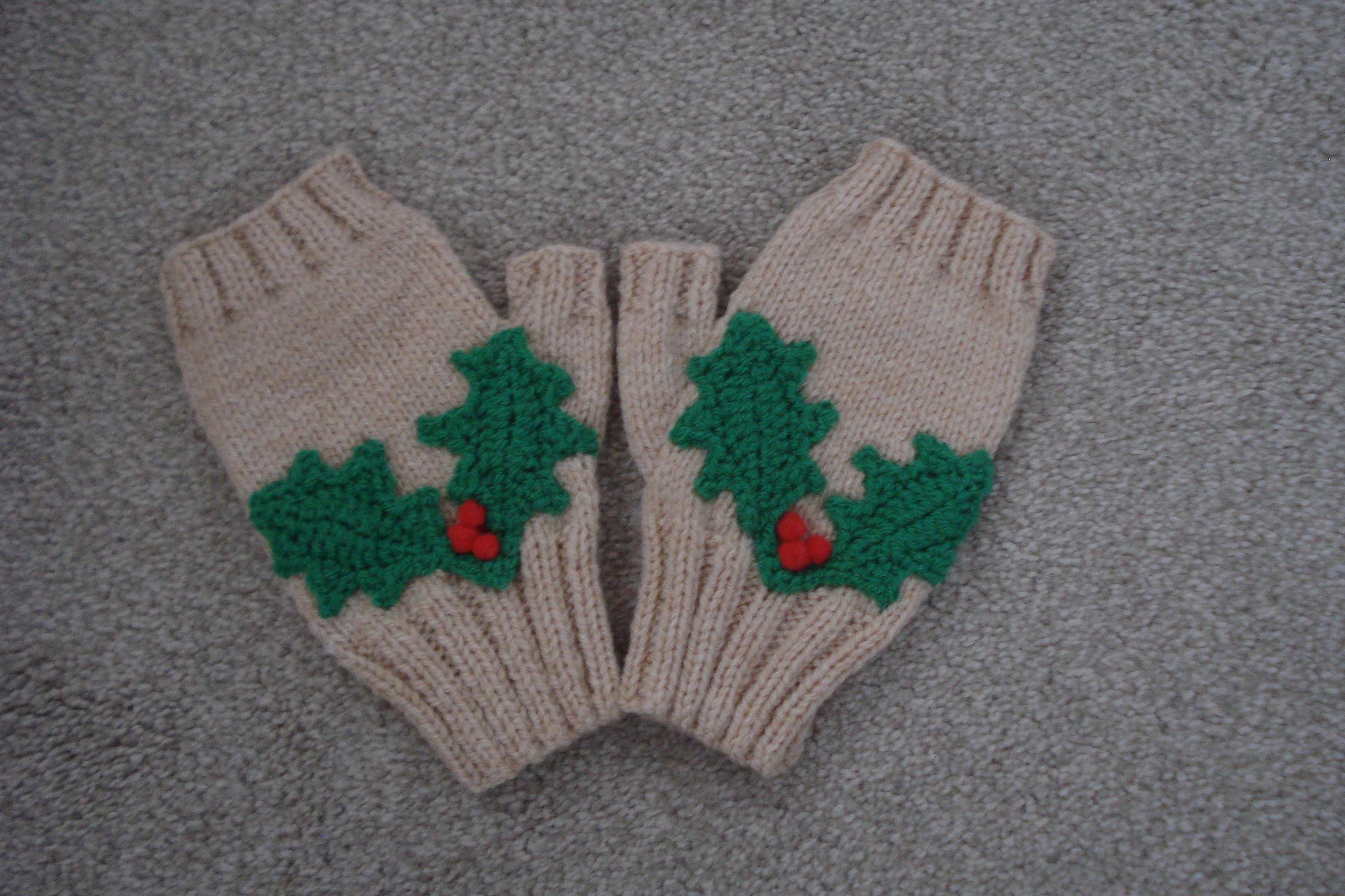 Peach Colour Fingerless Gloves With Holly Leaves And Red Berries
