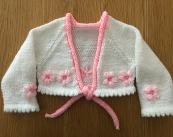 White Bolero Cardigan With Embroidered Pink Flowers And Trim 3 - 6 Months