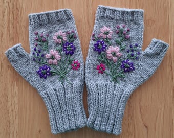 Hand Knitted Silver Grey Gloves With Hand Embroidered Flowers