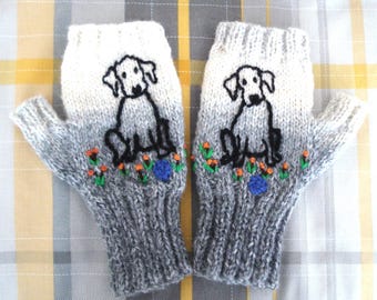 Hand Knitted Grey Coloured Fingerless Gloves With Embroidered Puppy Dog