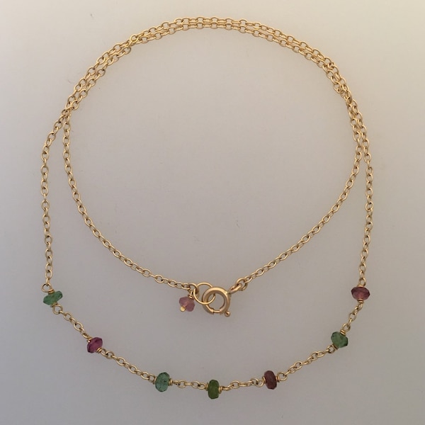 18k gold necklace with green & pink tourmalines