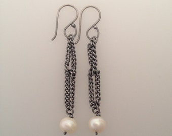 Oxidised silver chain drop earrings with large white freshwater pearls