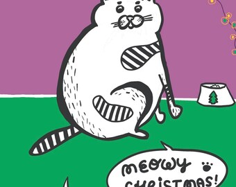 DIGITAL Funny Cat Postcard, Animal Postcard, Animal Love Postcard, Merry Christmas Postcard, New Year Postcard, Hand drawn Postcard, Sketch