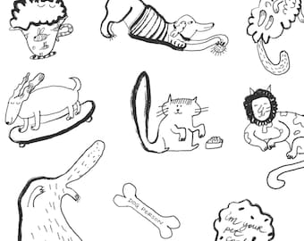 Hand Drawn Animal Stickers, Black and White Decals (15 pc)