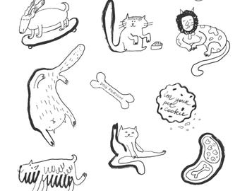 Funny Animal Sketch Stickers, Cat and Dog Decals (PDF)