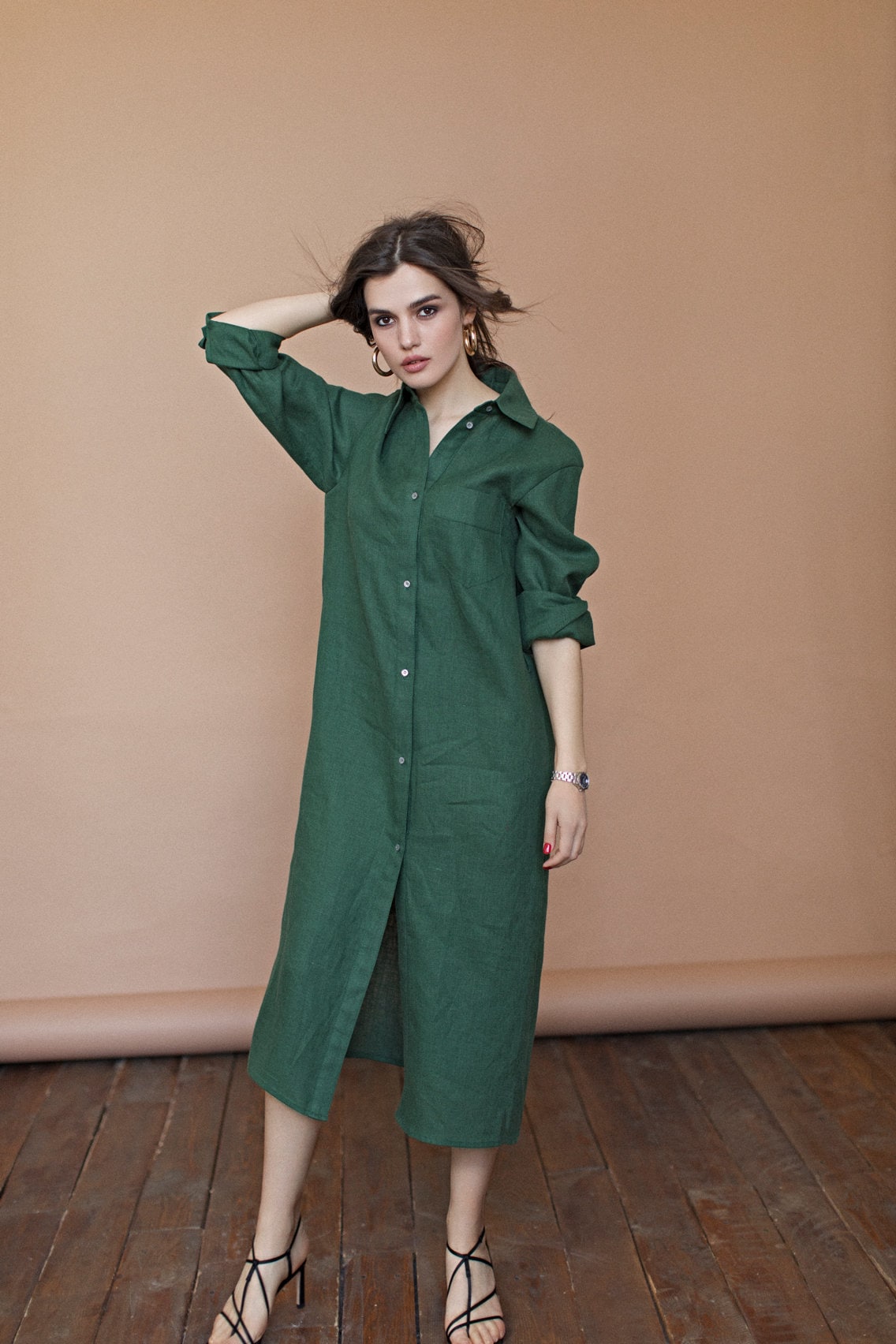 Damen Leinen Maxikleid Mit Ärmeln – Hemdblusenkleid Mit Knopfleiste, Weit Geschnitten Für Sommer & Strand