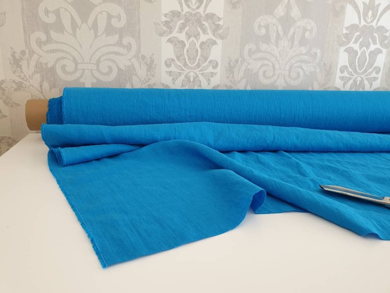 natural soft linen electric bright blue turquoise stonewashed linen fabric by the yard 7oz Washed turquoise linen fabric by the meter