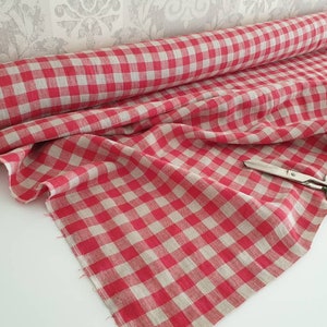 Gingham red beige linen fabric by the meter, softened natural linen red checks fabric, washed stonewashed linen fabric by the yard 7oz