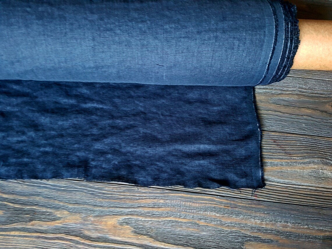 Dark blue linen fabric by the meter washed natural linen | Etsy