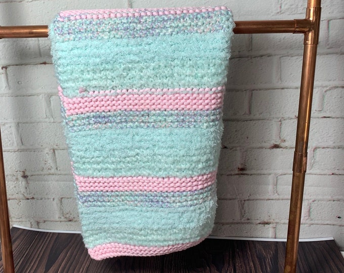 Hand Knit Multi-Textured Pet Blanket in Mint Green and Light Pink | Knit Cat Blanket | Knit Dog Blanket | Gift For Cat | Dog Gift | Pet Gift