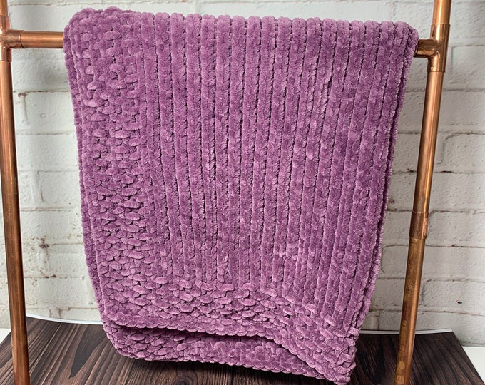 Luxurious Chenille Feel Hand Knitted Blanket | Knit Baby Blanket | Knit Pet Blanket | Free Shipping | Ready to ship | Purple Blanket Knit