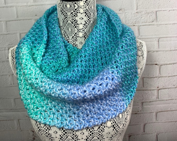 Blue aqua and green hand knitted infinity scarf / knit scarf / aqua and blue scarf / blue and green scarf / aqua and green scarf / sale cowl