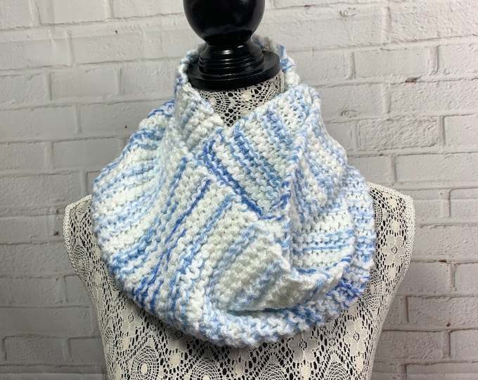 Blue and white knit infinity scarf / knit scarf / knit accessories / ready to ship / gift for girls / gift ideas for girls | Made In Canada