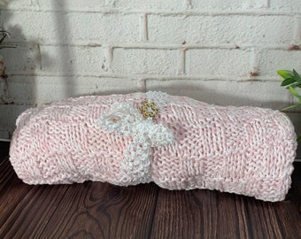 Charming Pink & White Knit Acrylic Blanket | Knit Baby Blanket | Perfect Gift for New Parents | Ready to Ship | Handcrafted in Canada