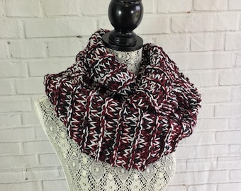 Chunky Knit Infinity Scarf | Black White Maroon | Handmade in Canada | Cozy Textured Fashion Accessory | Ready to Ship |Hand Knitted Scarf