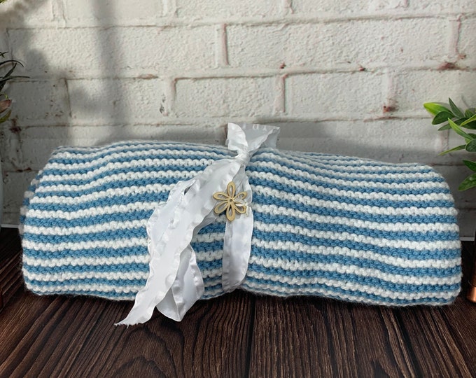 Hand-Knitted Baby Blanket and Throw, Aqua White Tiny Stripes, Made in Canada, Free Shipping - Saigefyre, baby shower gift, ready to ship