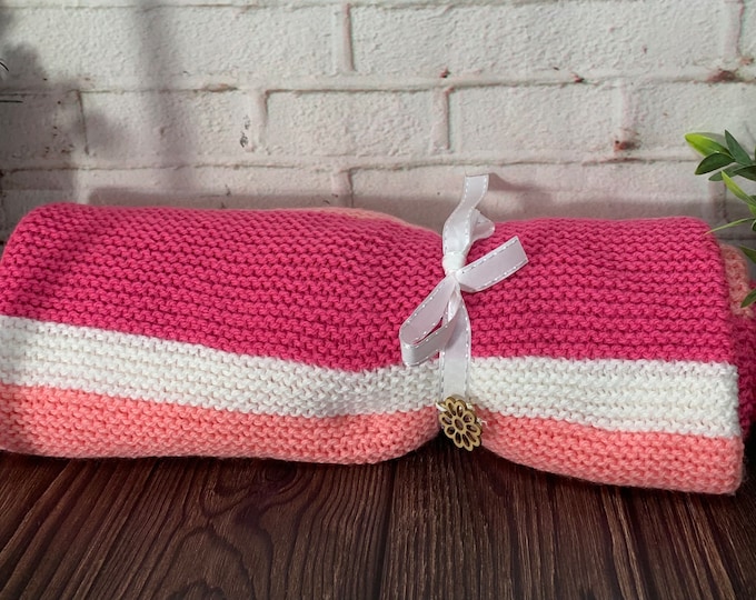 Hand-Knit Striped Baby Blanket  | Bright Pink Light Pink White Baby Blanket | Large Throw | wool baby blanket / knit throw blanket |