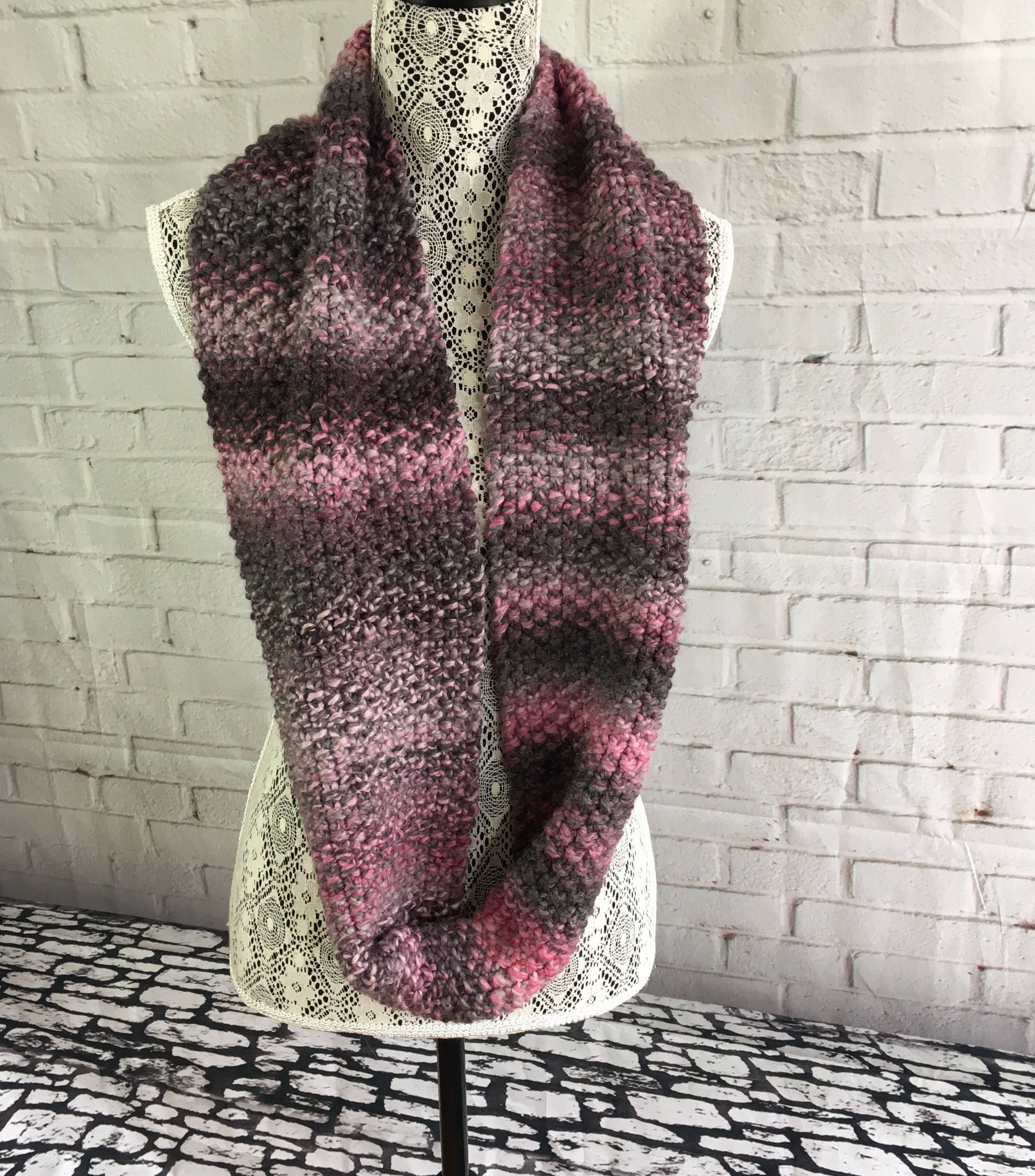 Pink gray and black hand knitted infinity scarf / gifts for her / gifts ...