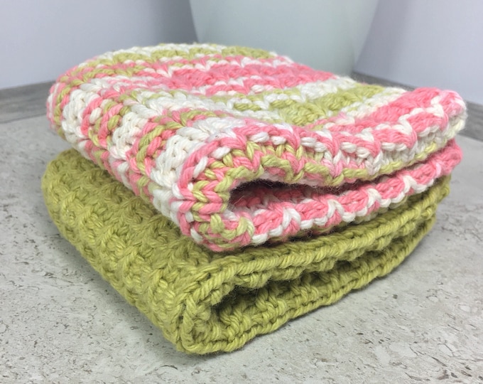 hand knitted green and pink cotton dishcloth set - ready to ship - housewarming gift - kitchen towels - boho kitchen - knit dishcloth set