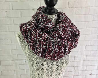 Bold and cozy handmade knit infinity scarf- black, white, and maroon - free shipping
