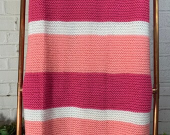 Hand-Knit Striped Baby Blanket  | Bright Pink Light Pink White Baby Blanket | Large Throw | wool baby blanket / knit throw blanket |
