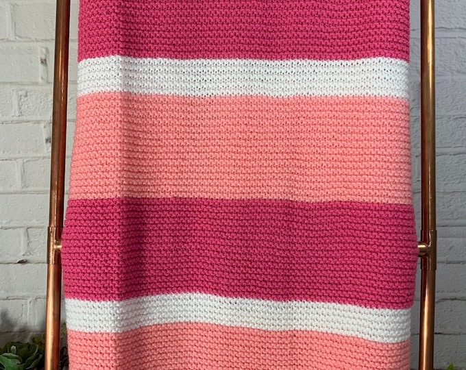 Hand-Knit Striped Baby Blanket  | Bright Pink Light Pink White Baby Blanket | Large Throw | wool baby blanket / knit throw blanket |