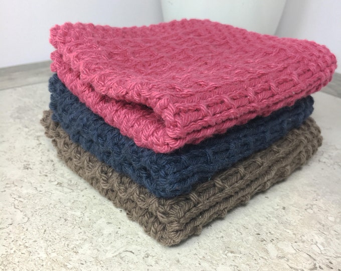 Knit dishcloth set - knit washcloth set - red brown and blue dishcloths - housewarming gift - ready to ship - hostess gift - dishrag