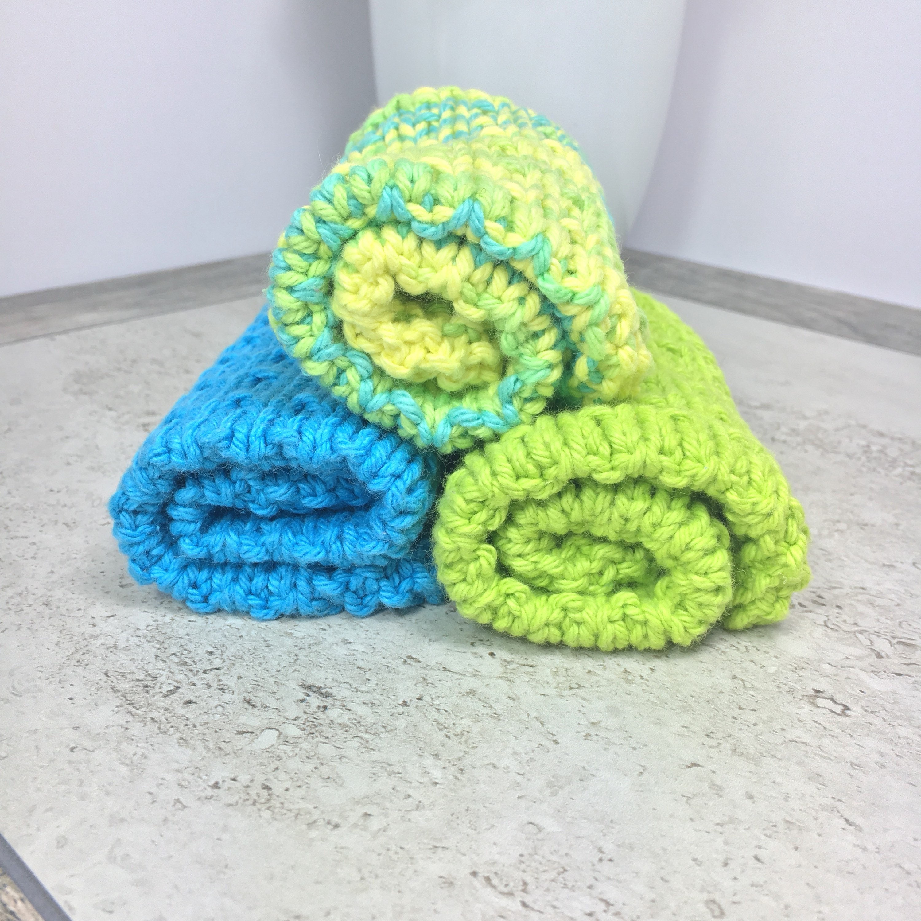 knitted cotton dishcloth set - knitted cotton washcloth set - lime green -  dishcloth - face cloth - kitchen dishcloths - gift set