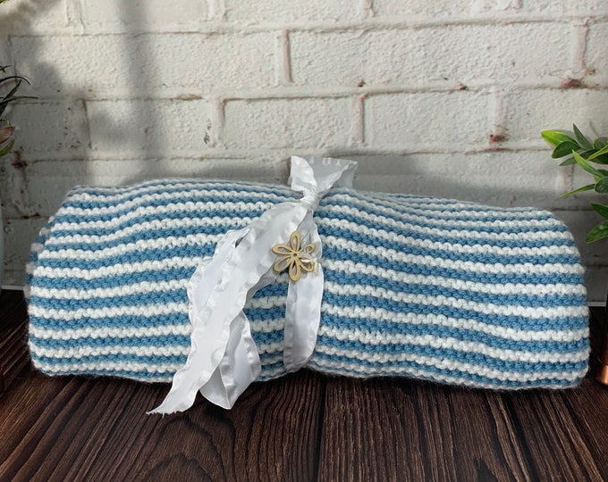 Aqua and white hand knitted acrylic baby blanket / handmade blanket / ready to ship blanket / sale / aqua baby blanket / striped blanket