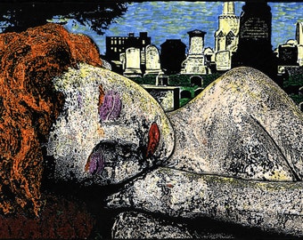 Original Art work by Benjie Loveless, "Dirt Nap", illustration, mixed media, Occult, cemetery, graveyard, Pop Surrealism
