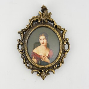 Vintage Italian Brass Miniature Portrait Frame  Pauline Bonaparte Cameo Creation Art  Red Felt Back Mid Century Hollywood Regency Ornate