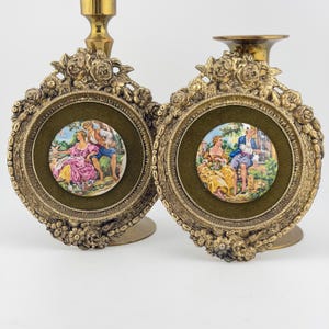 Vintage Italian Ornate Brass Wall Plaques Pair French Courting Scene Rose Garland Frame Mid Century Hollywood Regency Bubble Glass Art