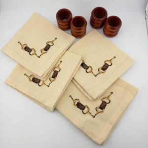Set of 4 Pomegranate Inc Embroidered Equestrian Cocktail Napkins & 4 Wood Rings Horse Bit Snaffle Gold Brown Preppy Barware Table Linens
