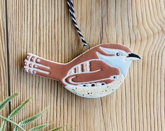 handmade ceramic Carolina wren ornament