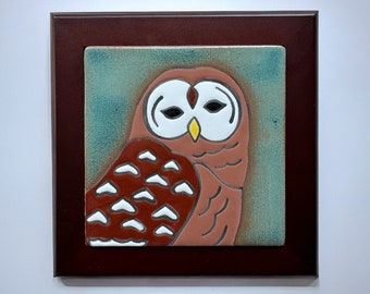 barred owl handmade and hand glazed ceramic framed art tile