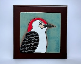 red bellied woodpeckerhandmade and hand glazed ceramic framed art tile