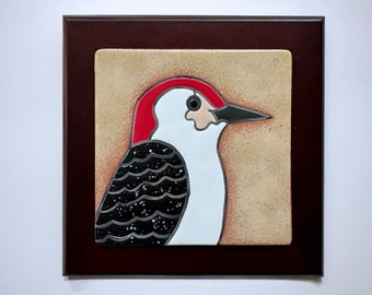 red bellied woodpecker handmade and hand glazed ceramic framed art tile