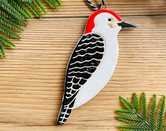 handmade ceramic downy woodpecker ornament