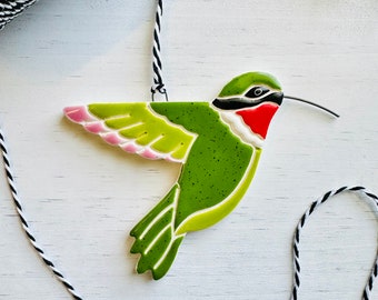 handmade ceramic ruby throated hummingbird ornament