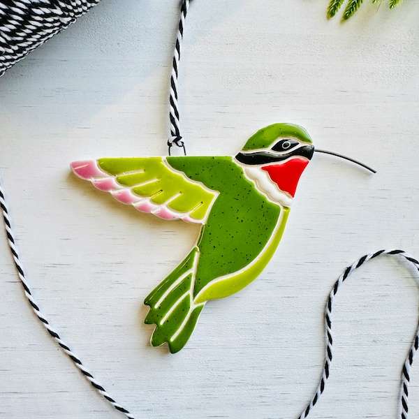 handmade ceramic ruby throated hummingbird ornament
