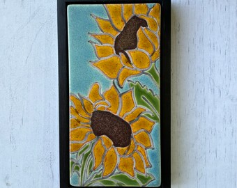 Sunflowers handmade and hand glazed ceramic framed art tile