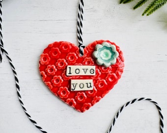 Love you ceramic Valentine's Day gift floral heart ornament