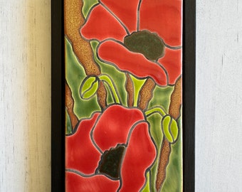 Red poppies handmade and hand glazed ceramic framed art tile