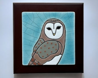 barn owl handmade and hand glazed ceramic framed art tile