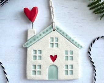 handmade little house with heart ceramic ornament