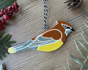 handmade ceramic cedar waxwing bird ornament