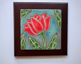 red lotus handmade and hand glazed ceramic framed art tile